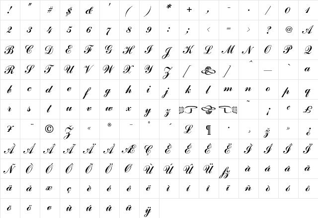 CommercialScript Regular  glyph index