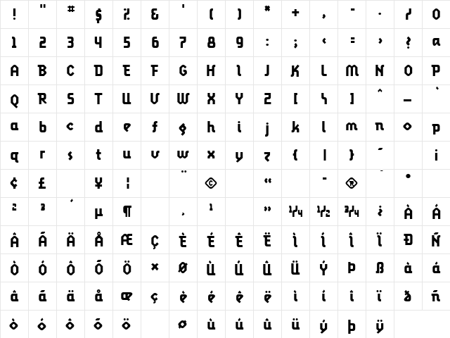 LunatixBold Bold  glyph index