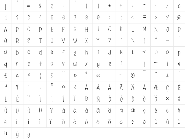 Winter Bliss Regular  glyph index