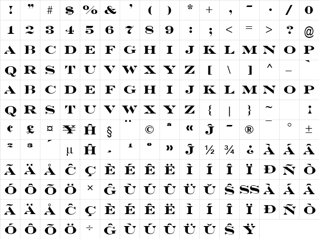 Engravers MT Eo Bold  glyph index
