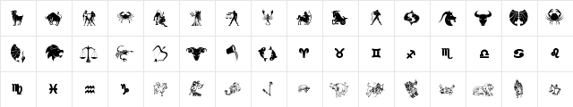 zodiac tfb Regular  glyph index