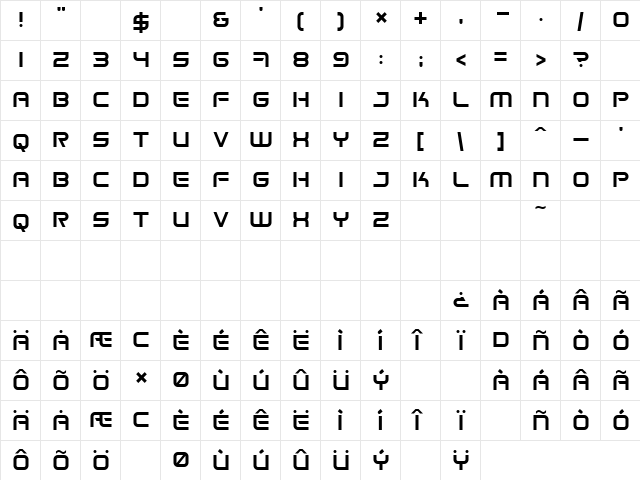 Space Frigate Regular  glyph index