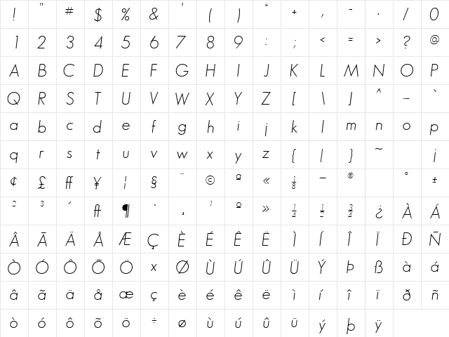 BouganSSK Italic  glyph index