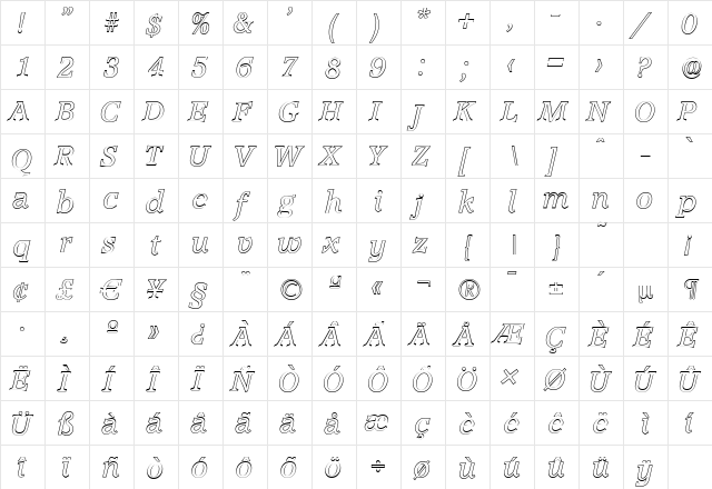 AccoladeOutline Italic  glyph index