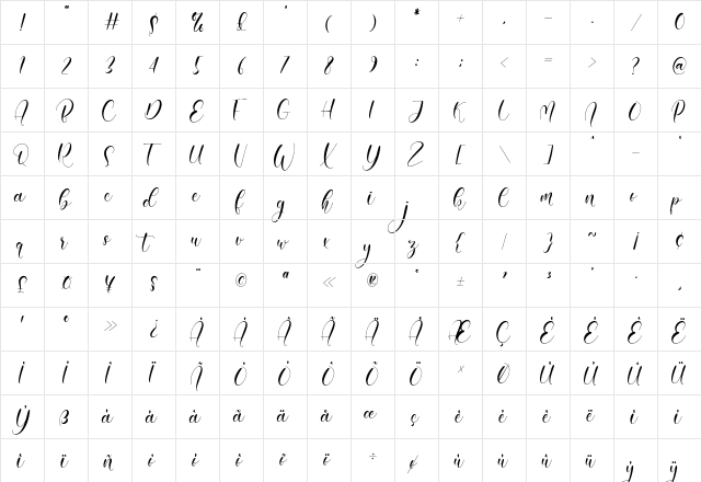 Amiela Regular  glyph index