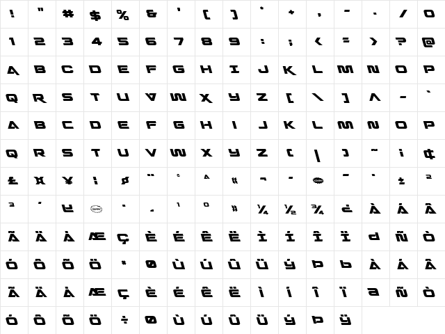 Quark Storm Leftalic Italic  glyph index