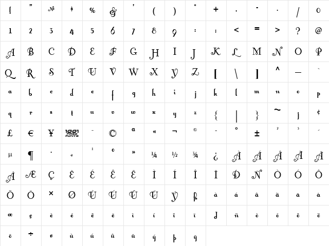 Fontleroy Brown NF Regular  glyph index