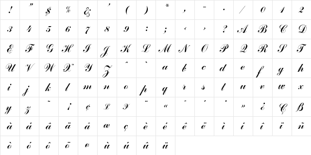 Commercial Script Regular  glyph index