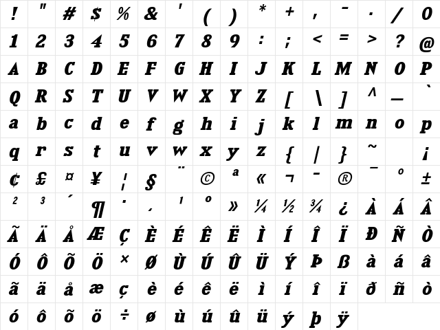 Kingsbridge Expanded Bold Italic  glyph index