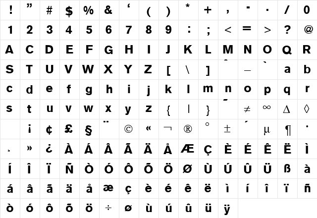 Akzent Bold  glyph index