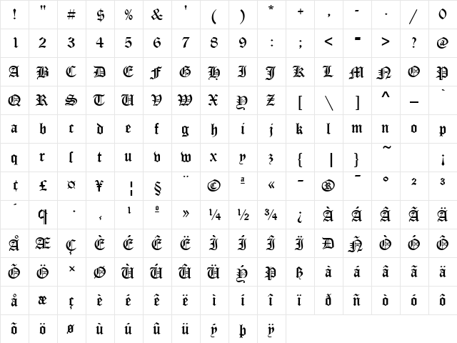 OldeEnglish Regular  glyph index