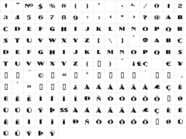 LHF Bulldog Regular  glyph index
