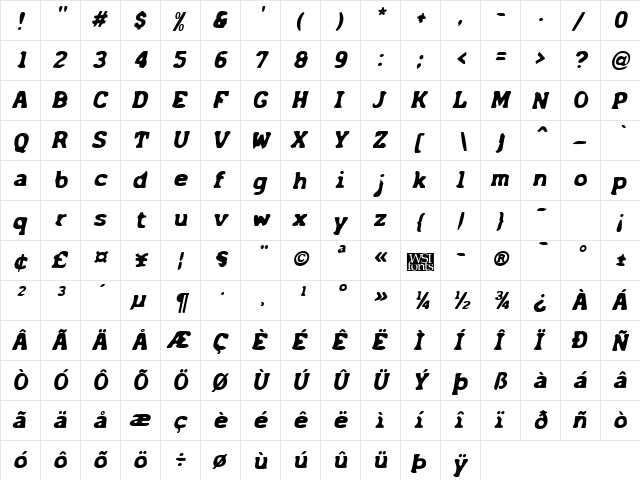 Acck Italic  glyph index