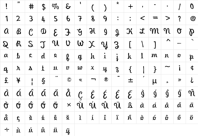 WaveeWeekend Regular  glyph index