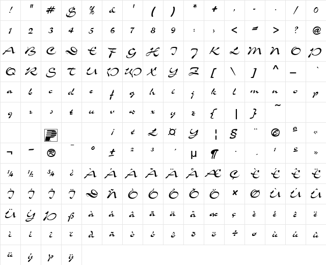 PT Whimsy Normal  glyph index