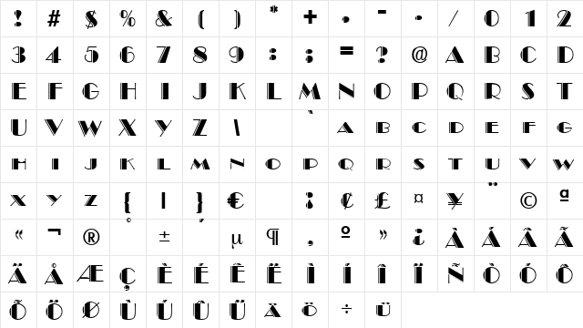 BroadwayDeko Regular  glyph index