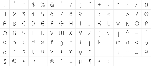 BauhausC Light Regular  glyph index