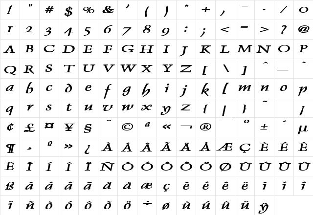 Dolphin Extended Bold Italic  glyph index