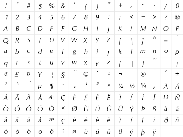 Opus Italic  glyph index