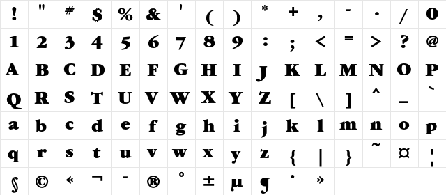 GaramondBookC Bold  glyph index