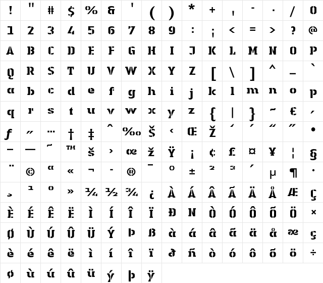 LTAuthenticStencil Regular  glyph index