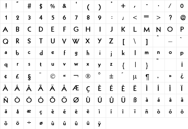 KabinLightDB Bold  glyph index