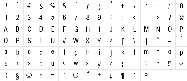 HeliosCondC Regular  glyph index