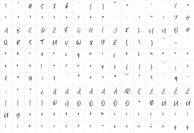 Aderia Regular  glyph index