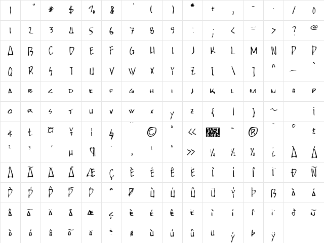 BartsHand Regular  glyph index