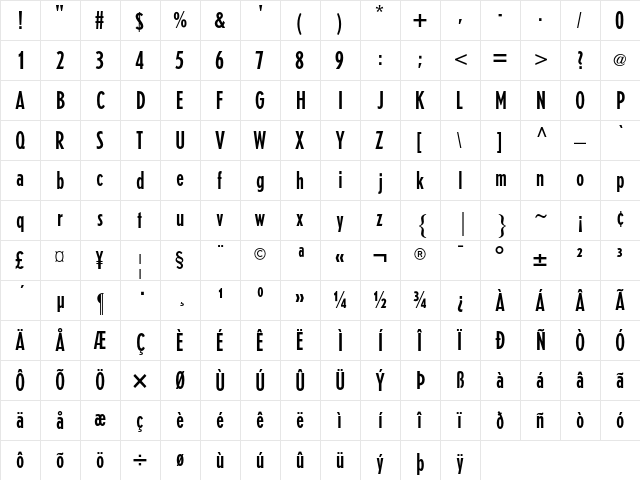 Erbar AT Condensed Medium Regular  glyph index