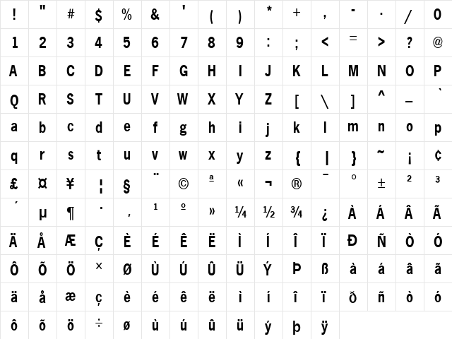 NewsGothicCnd Bold  glyph index