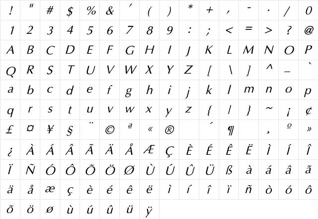 djPrimo Italic Italic  glyph index