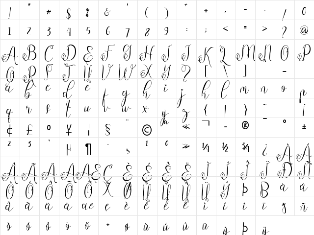 Emillisa Regular  glyph index