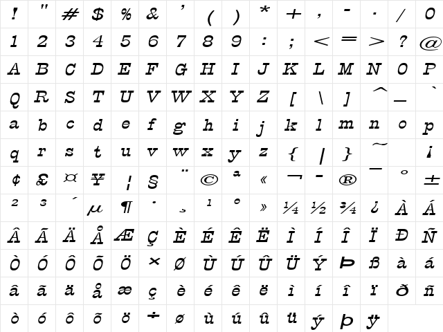 Circus-Extended Italic  glyph index