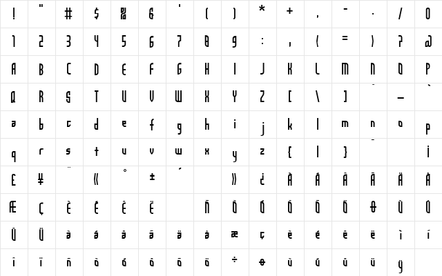 Angela Sans Regular  glyph index