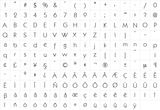 Koblenz-Serial-ExtraLight Regular  glyph index