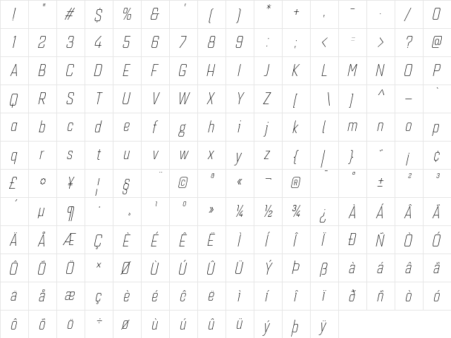 Quarca Cond Light Italic  glyph index