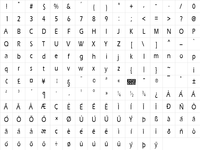 ErgoeMediumCondensed Regular  glyph index