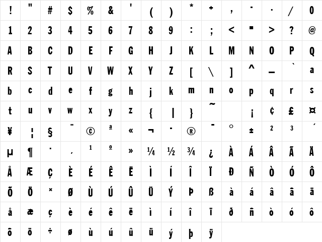 FranklinGotTExtCon Regular  glyph index