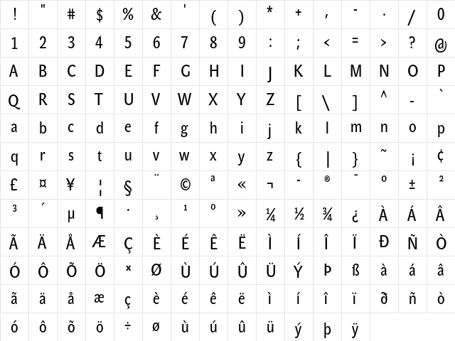 JohnSansCond White Pro Bold  glyph index