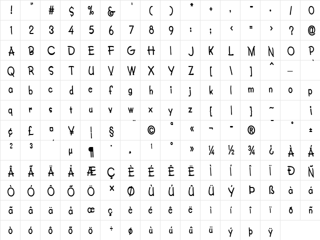 Crayon-Condensed Bold  glyph index