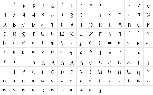 Salsabila Regular  glyph index