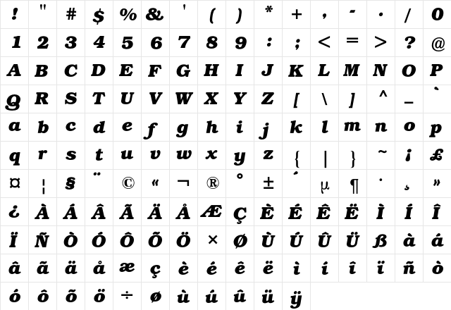 Bookman BQ Regular  glyph index