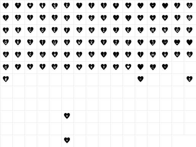 DJB Shape Up Hearts Regular  glyph index