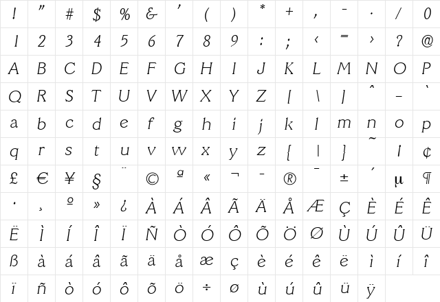 LeroyBecker-ExtraLight Italic  glyph index