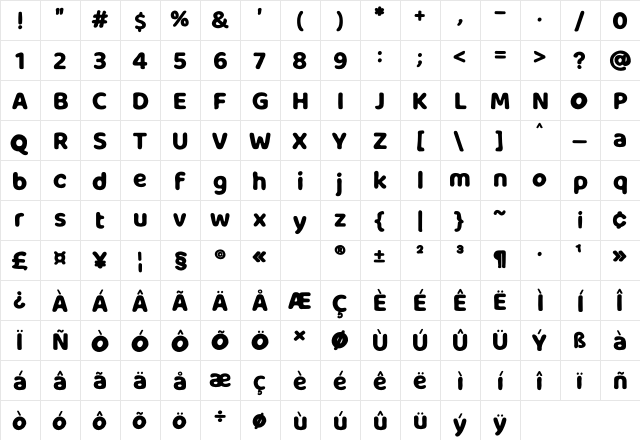 Milky Nice Regular  glyph index