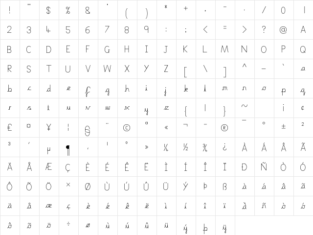 Boring Boring Regular  glyph index