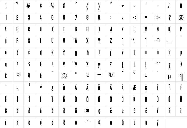 BlockGothicDemiExtraCond Roman  glyph index