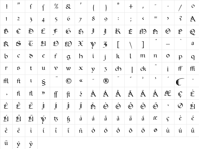 Ophelia Medium  glyph index