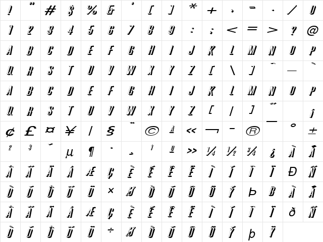 Phoenix-Extended Italic  glyph index